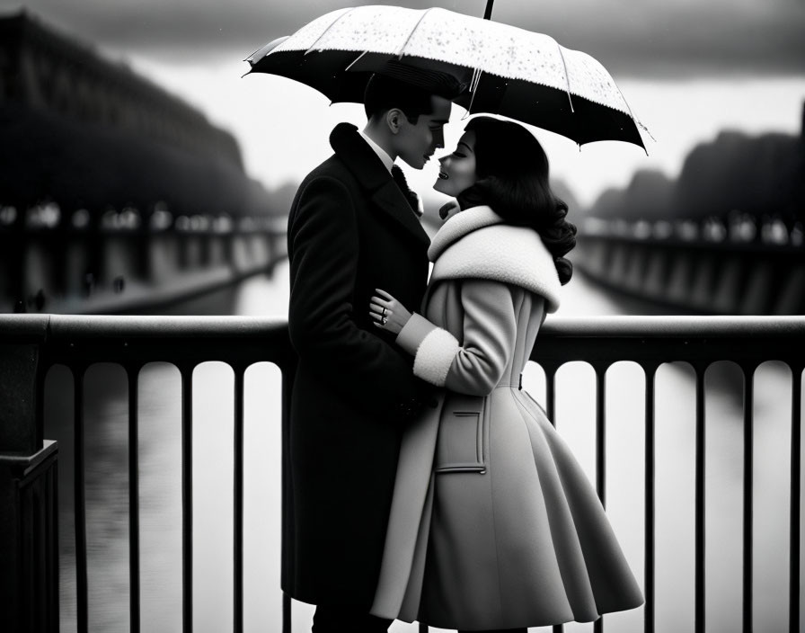 Monochrome image of couple under umbrella on bridge, water & architecture.