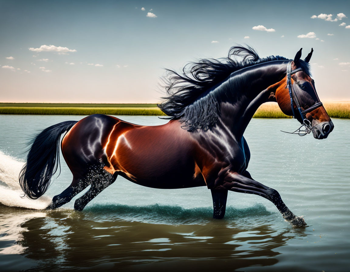 Dark Bay Horse Galloping in Shallow Water Among Green Reeds