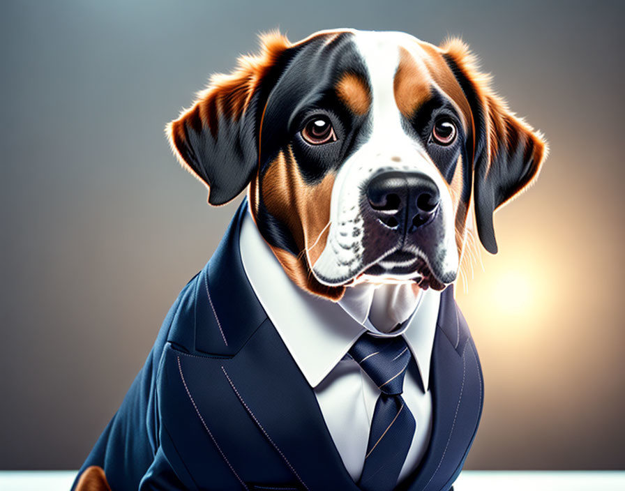 Illustrated dog in suit and tie on blue gradient background