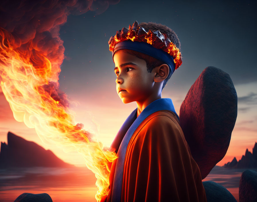 Young boy with flaming crown in surreal volcanic landscape