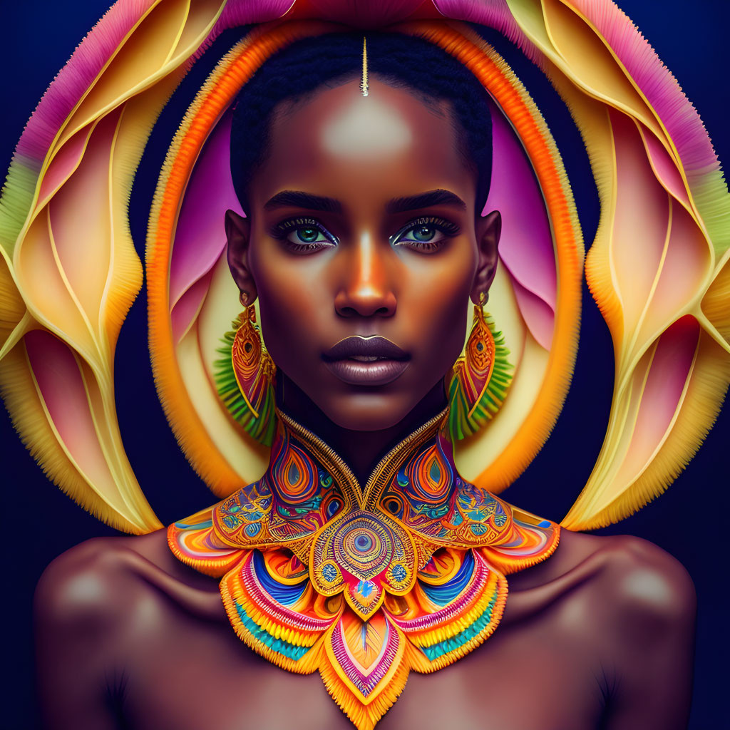 Vibrant digital portrait of a woman with blue eyes and colorful accessories