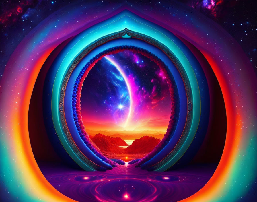 Colorful digital artwork: Cosmic starscape with glowing arches and luminous vortex