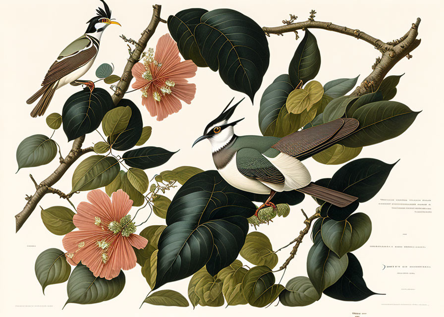 Exotic birds with ornate feathers on branches with green leaves and pink flowers