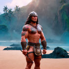 Muscular character with Polynesian tattoos on beach with spear and tropical backdrop.