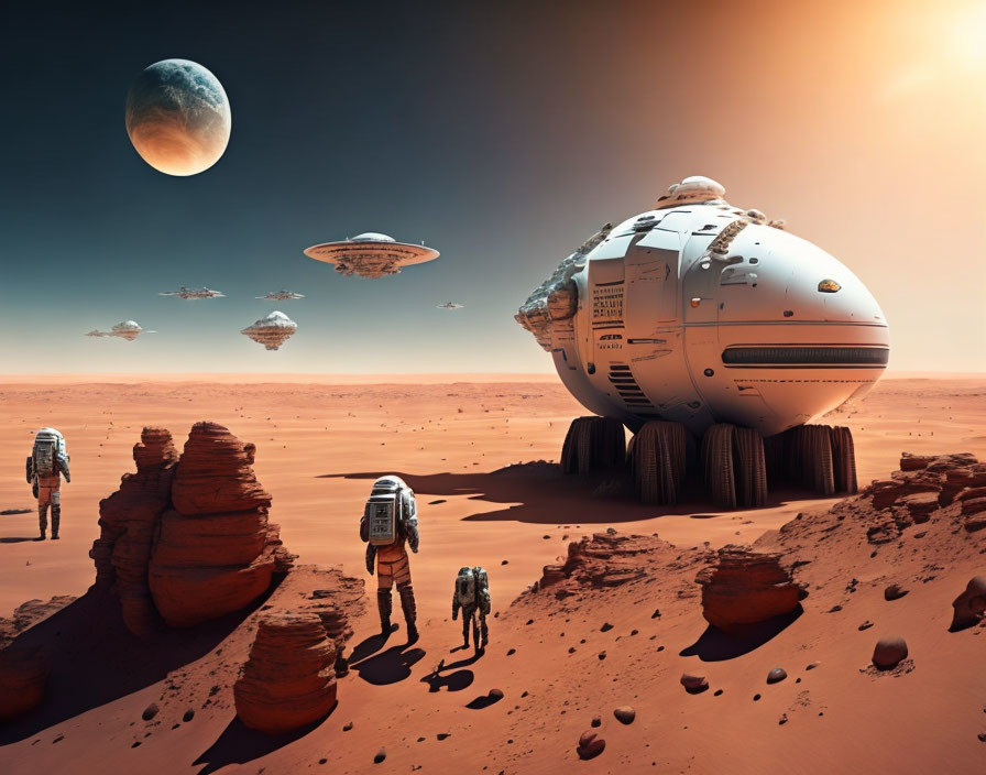Futuristic Mars exploration scene with astronauts, rover, and flying saucers