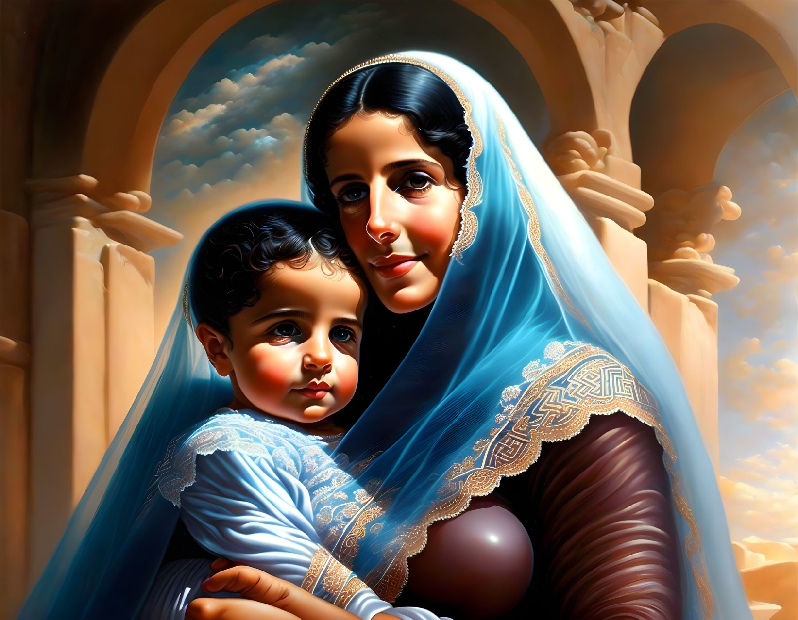 Traditional Attire Woman and Child Artwork with Architectural Background