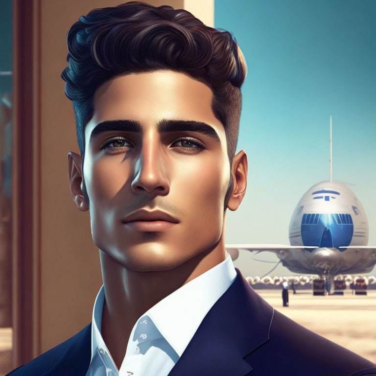 Digital portrait of a man in suit with airplane in clear blue sky