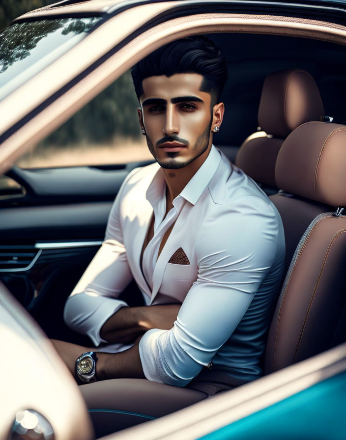 Man with neat beard in white shirt pensive in luxury car