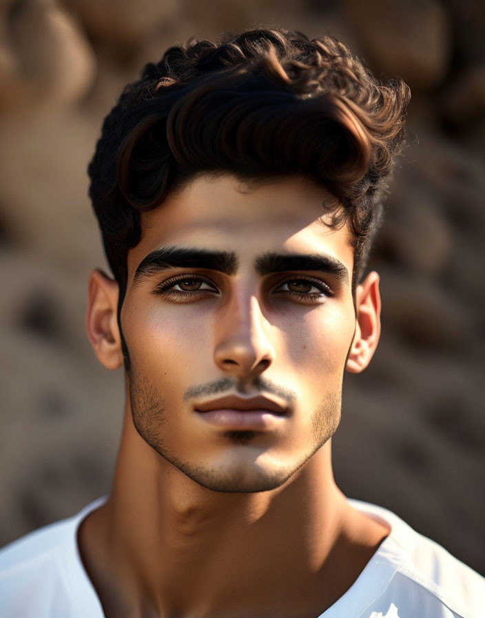 Young man digital portrait with wavy hair and white shirt