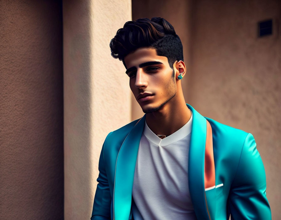 Male model with teal blazer and sharp haircut leaning against wall
