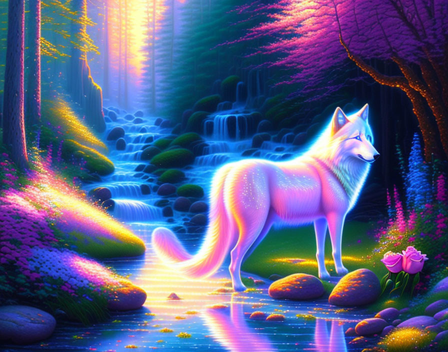 Fantastical wolf in vibrant enchanted forest with waterfalls