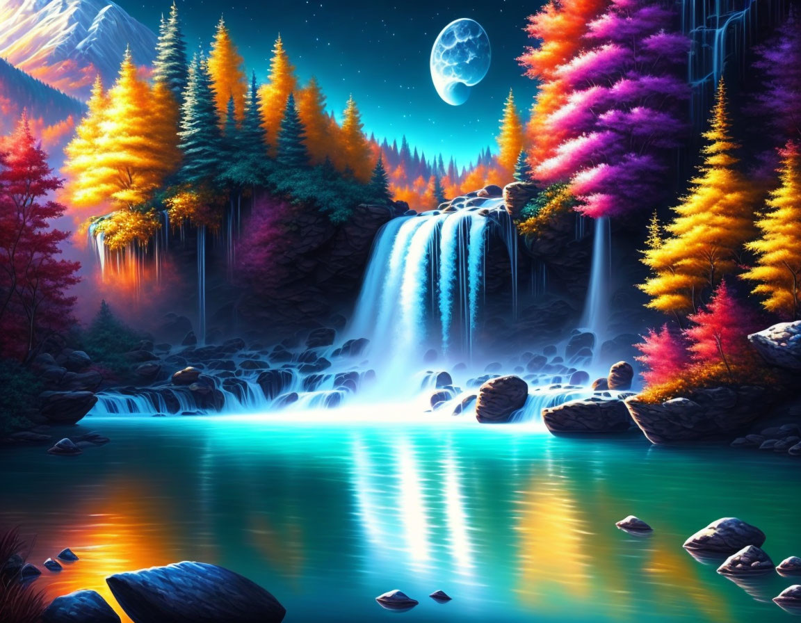 Colorful digital art: waterfall in autumn forest under starry sky