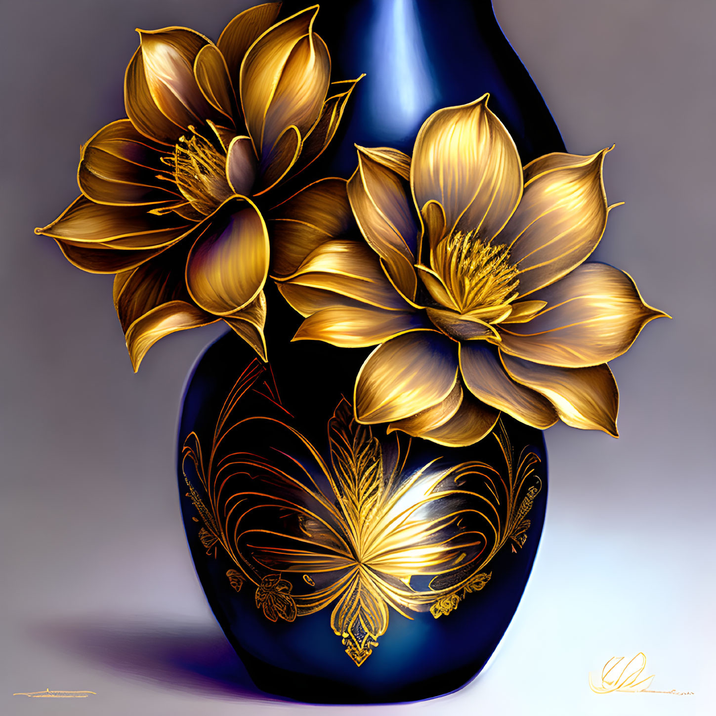 Cobalt-Blue Vase with Golden Lotus Flowers & Patterns