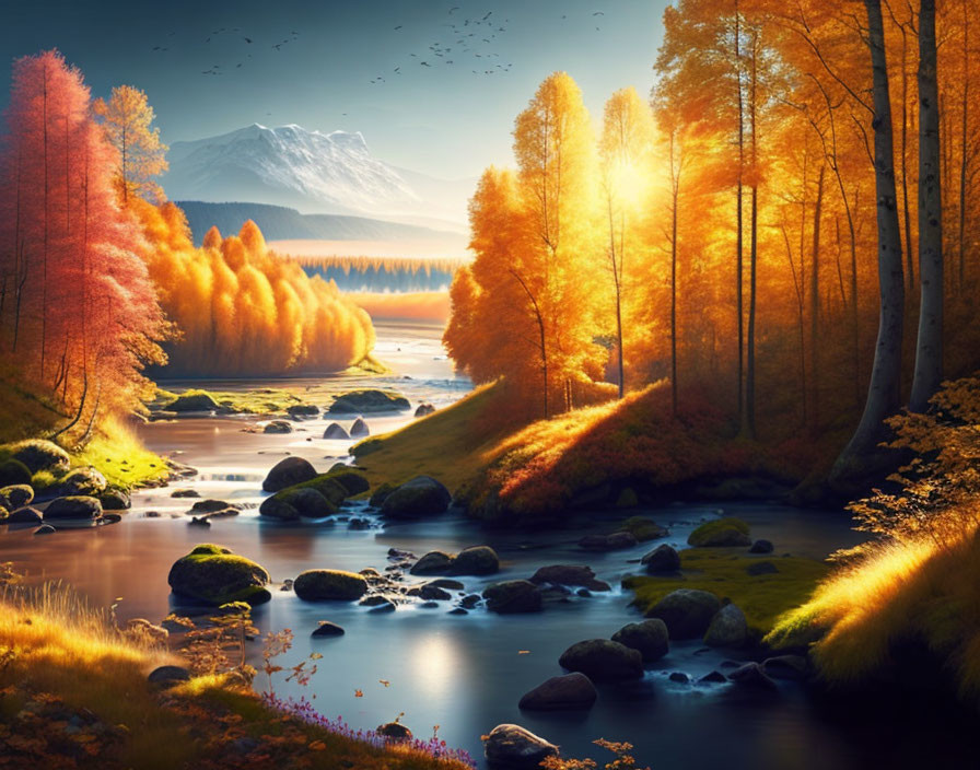 Serene autumnal river with vibrant trees, sunset glow, mountain backdrop, and birds.