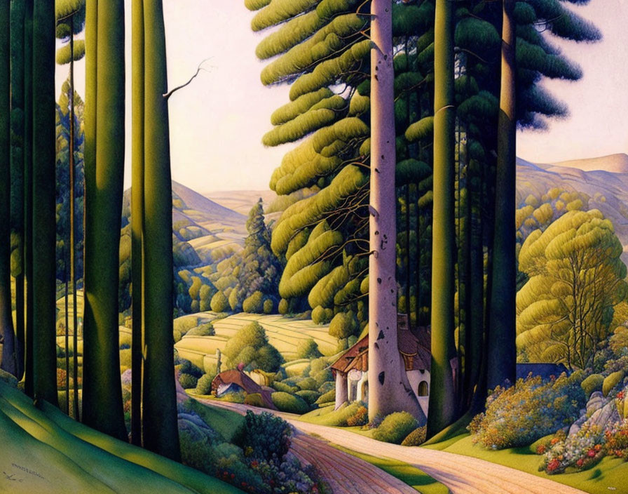 Whimsical landscape with green trees, hills, and cottage