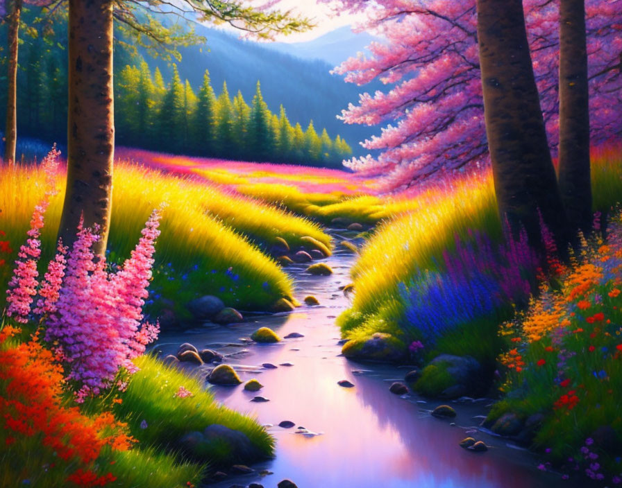 Colorful Landscape with Pink Blossoming Trees and River