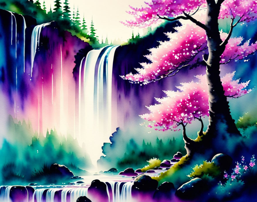 Colorful Waterfall Painting Surrounded by Greenery and Blossoming Trees