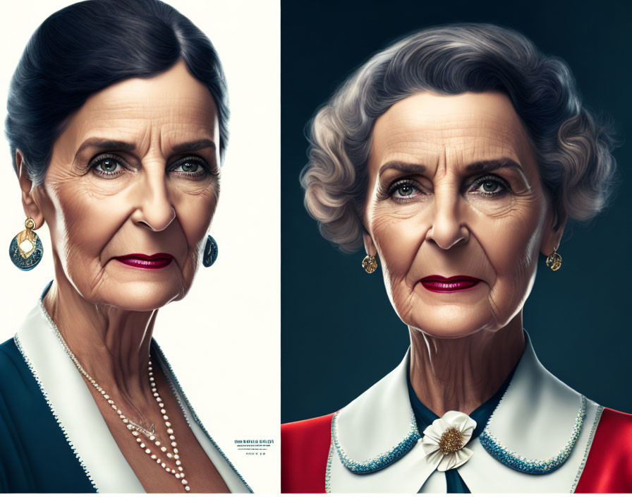 Stylized portraits of elderly woman in blue and red outfits with elegant jewelry