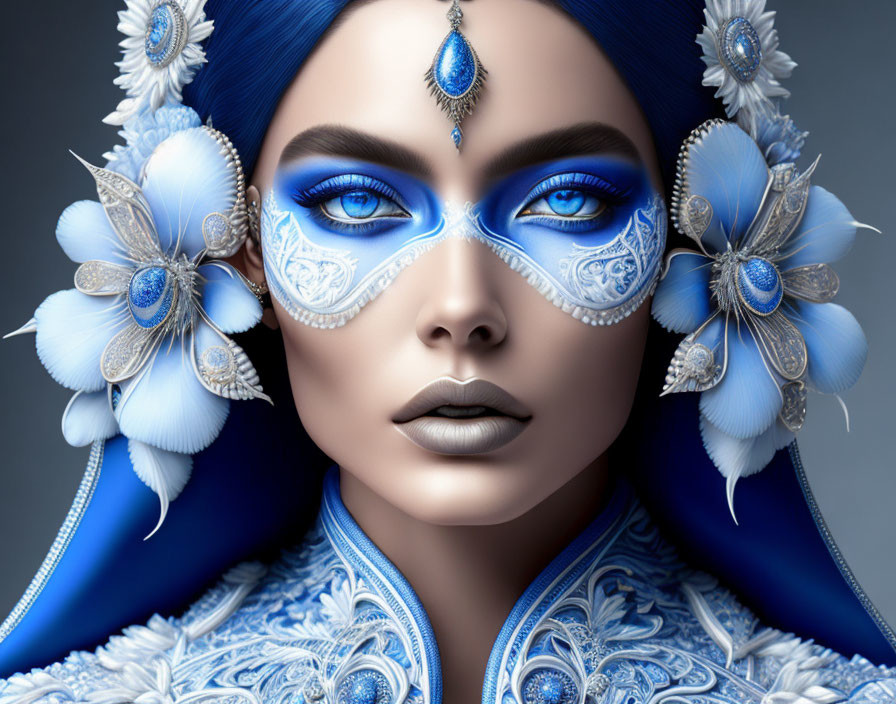 : female, blue and white tones,