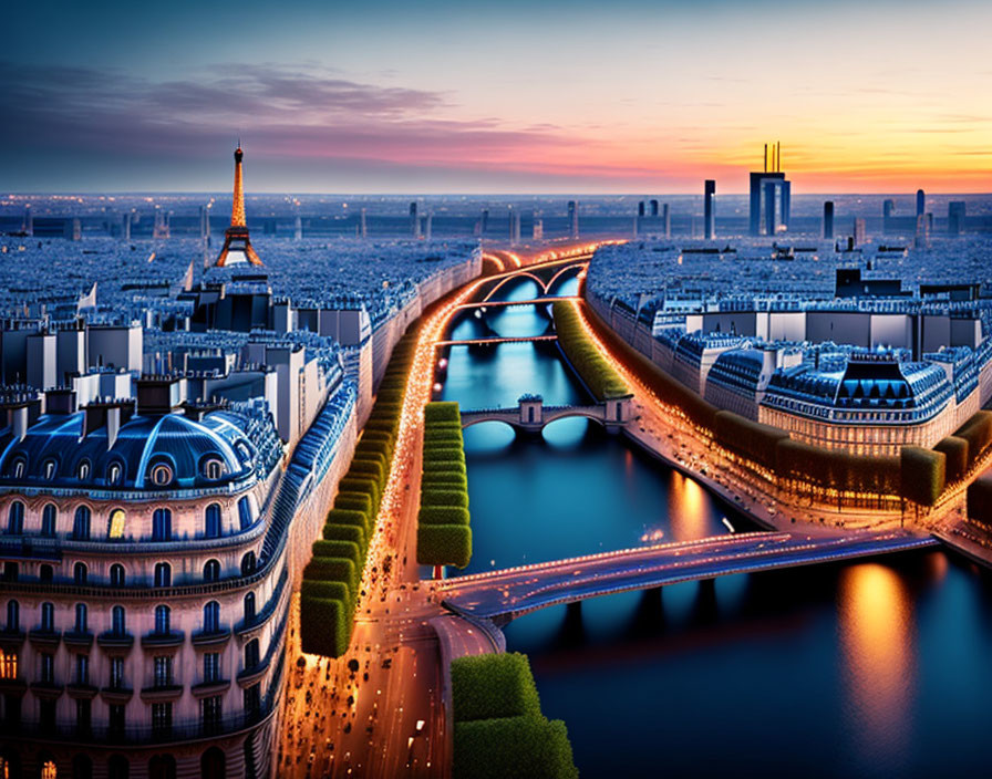 Twilight aerial view of illuminated Paris with Eiffel Tower & Seine River