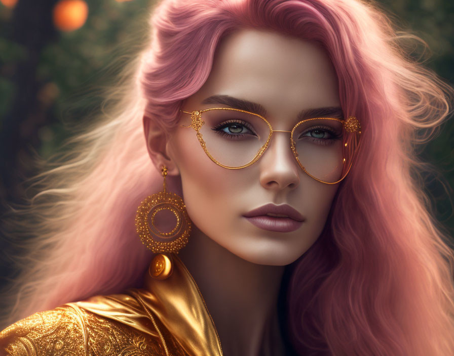 Portrait of woman with pink hair, gold glasses, earrings, and shimmering attire against natural backdrop