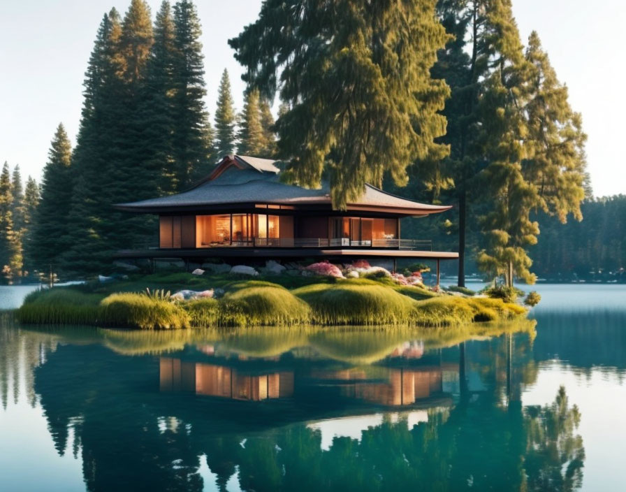 Tranquil Sunset Scene: Lake House Among Pine Trees