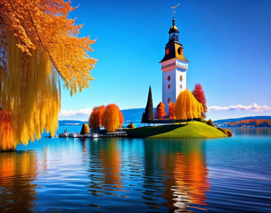 Scenic lakeside view with vibrant church tower and autumnal trees
