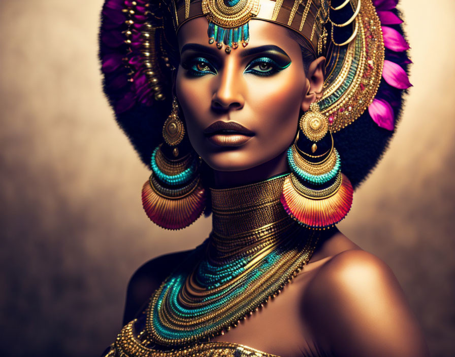 Regal woman with dramatic makeup and Egyptian-inspired headdress on warm background
