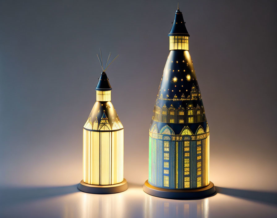 Decorative lanterns shaped like buildings on gradient backdrop