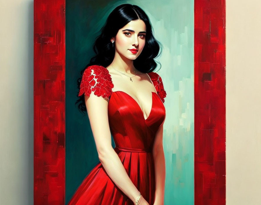 Digital painting: Woman in red dress on abstract red and turquoise background