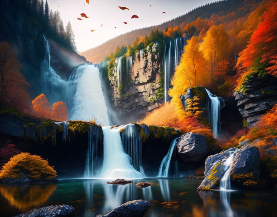 Majestic waterfall surrounded by vibrant autumn foliage
