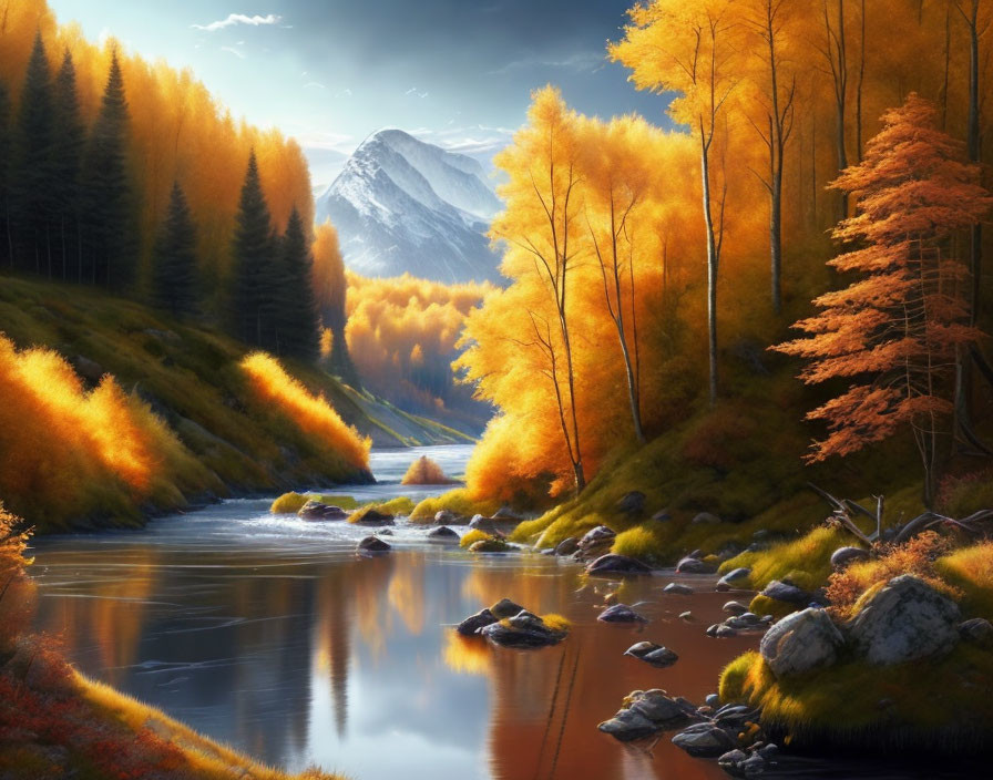 Tranquil autumn scene: golden trees, river, sunlight, snow-capped mountains.