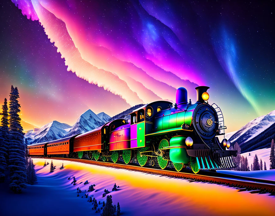 Colorful train in snowy landscape under aurora-filled sky