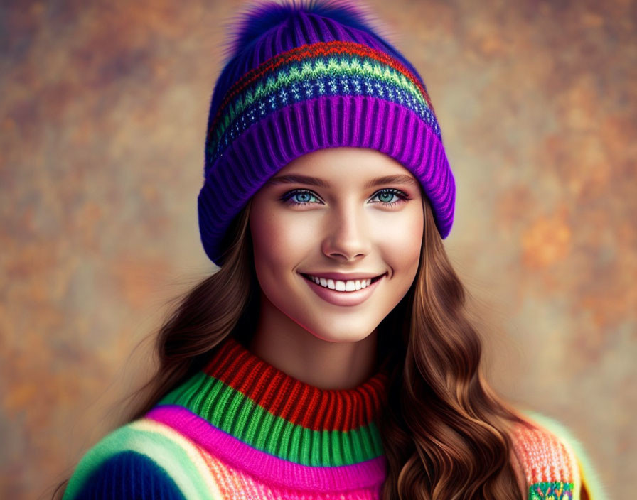 Colorful Striped Sweater & Purple Beanie on Smiling Woman