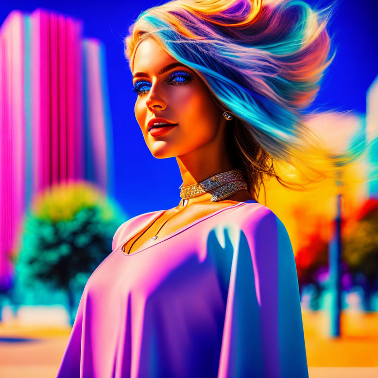 Colorful-haired woman in lilac top and jewelry against city backdrop