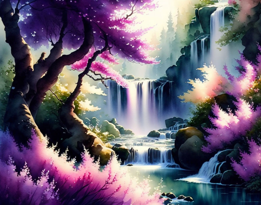 Serene waterfall cascading into tranquil river surrounded by lush trees