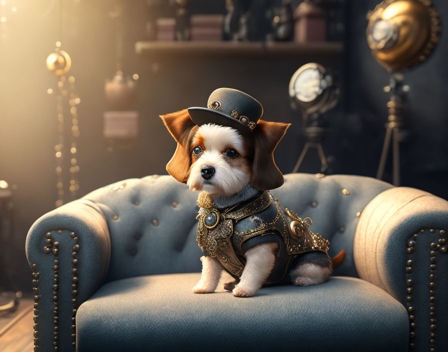Steampunk-style dressed puppy on elegant sofa with vintage lamps