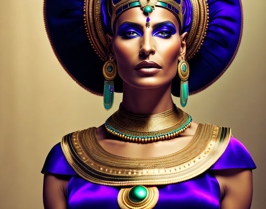 Egyptian Queen Portrait with Elaborate Headdress and Golden Jewelry