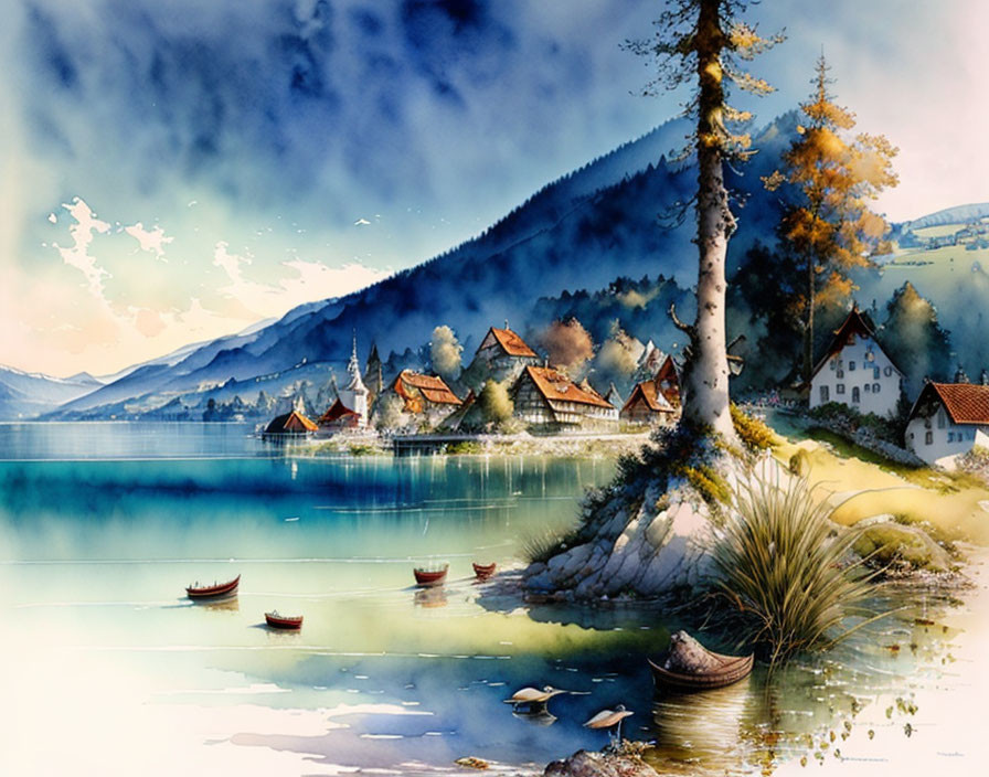 Serene lakeside village watercolor painting with rustic houses and misty mountains