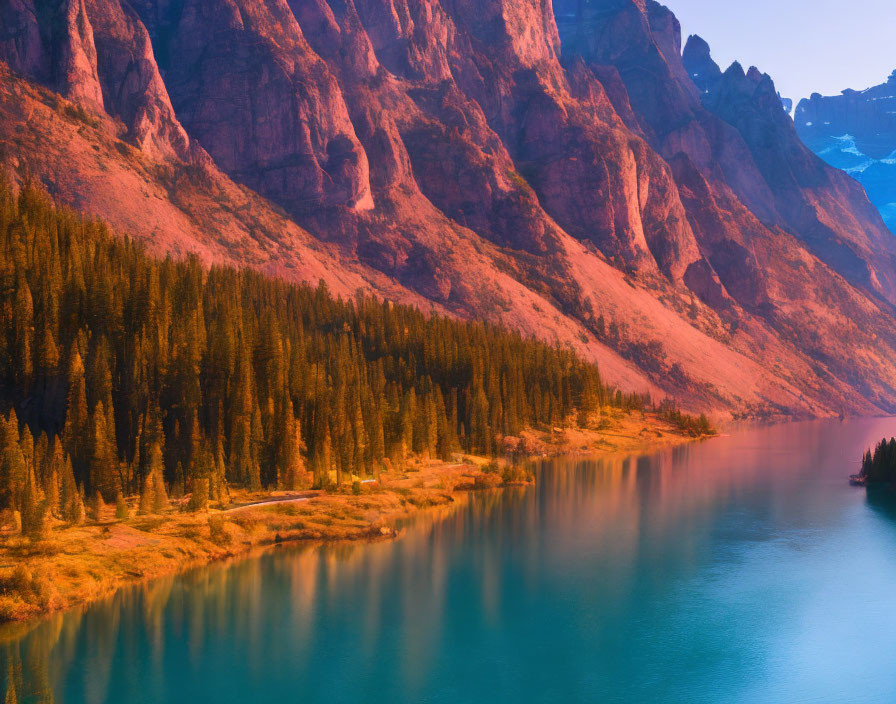 Tranquil Turquoise Lake with Pine Forest and Reddish Cliffs