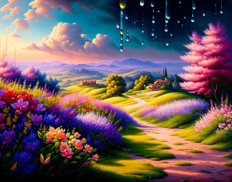 Colorful landscape with winding path, blooming flowers, pastel trees, rolling hills, surreal sky