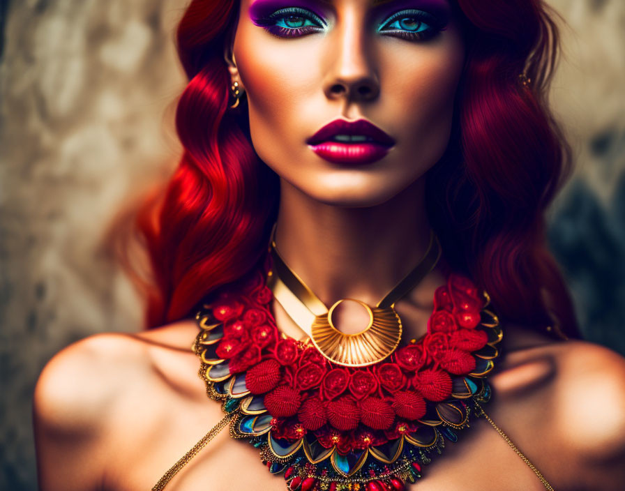 Portrait of Woman with Red Hair, Blue Eyes, and Bold Makeup