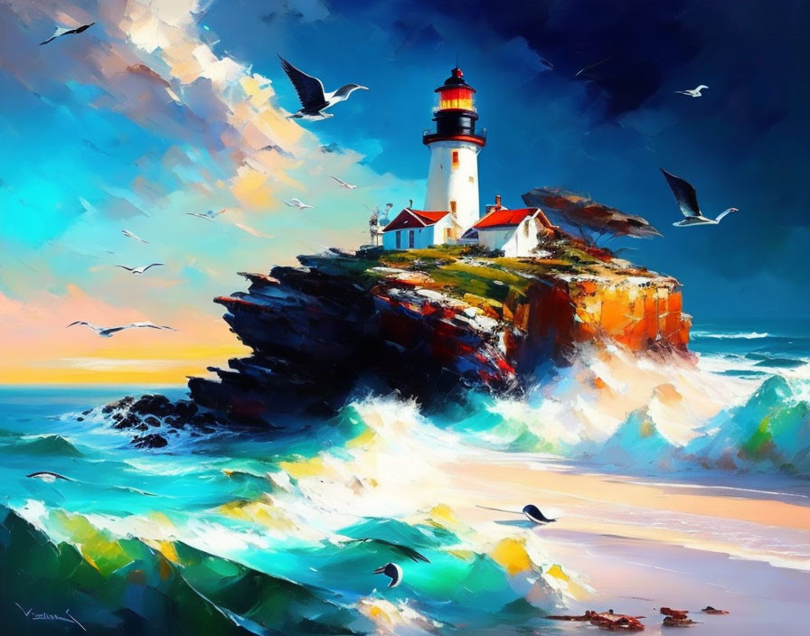 Seaside lighthouse painting with crashing waves and seagulls