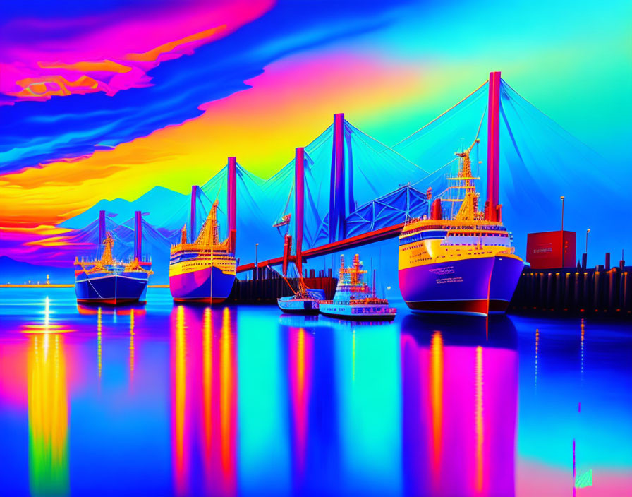 Colorful Digital Artwork: Dock Scene with Three Ships at Sunset