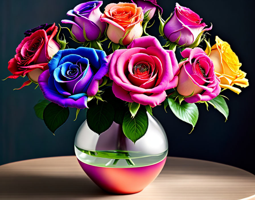 Multicolored Rose Bouquet in Reflective Vase on Wooden Surface