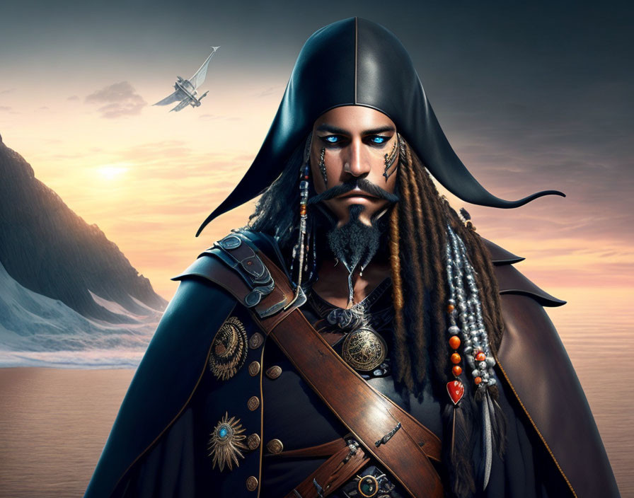 Detailed digital artwork: Fierce pirate with tricorn hat, braided beard, gold accessories & ship
