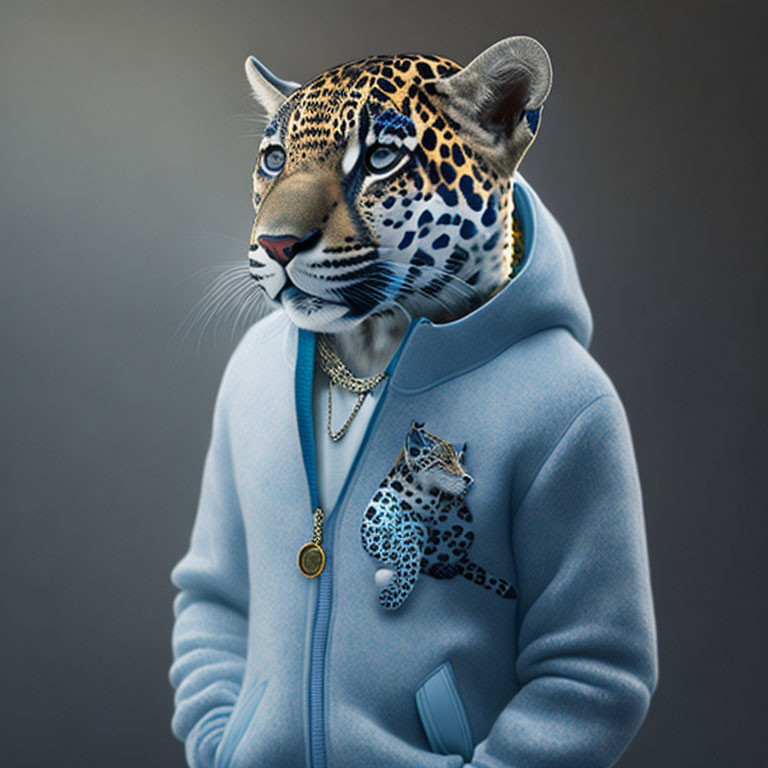 Small jaguar in blue sweater,a white jacket and ne