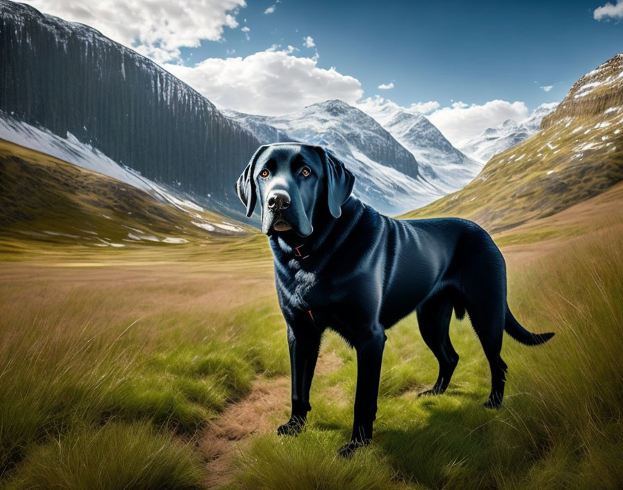 Black Labrador Retriever on Grass Path with Snow-Capped Mountains