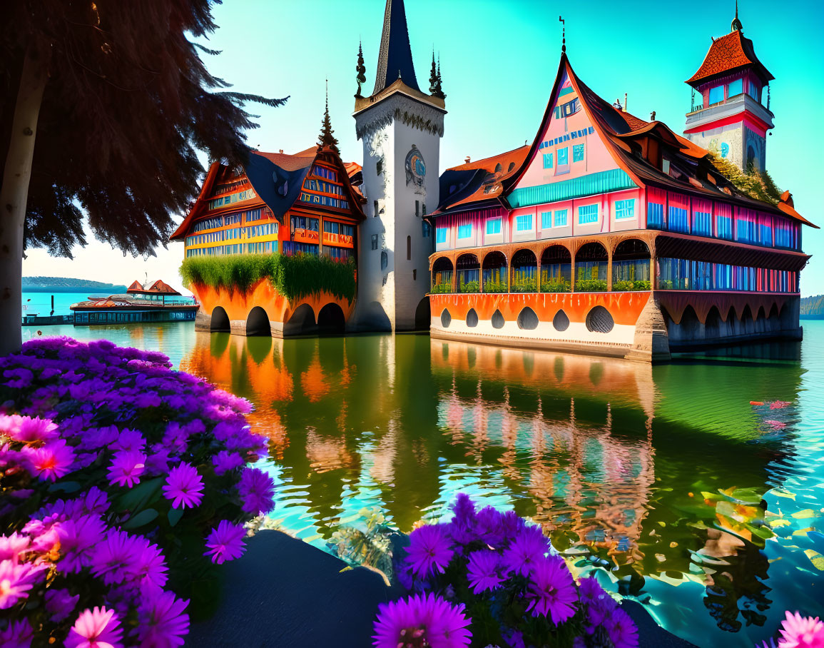 Scenic lakeside buildings with towers and arches reflected in water surrounded by purple flowers and foliage under