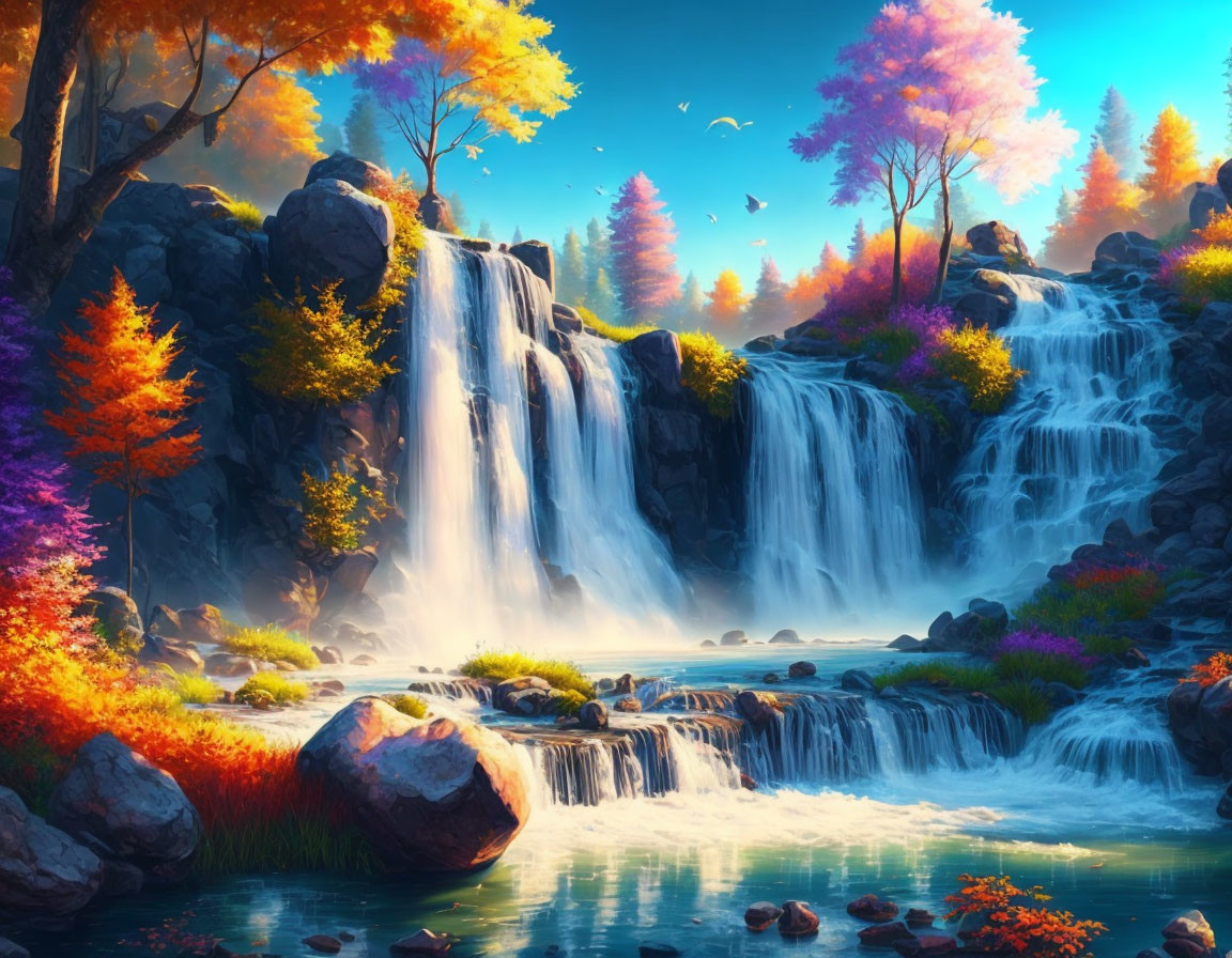 Scenic artwork: waterfall, autumn trees, birds, mist, blue sky